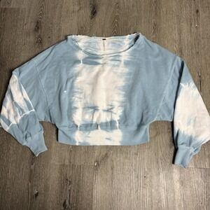Free‎ People Women's S Oversized Crop Sweatshirt Blue White Tie Dye